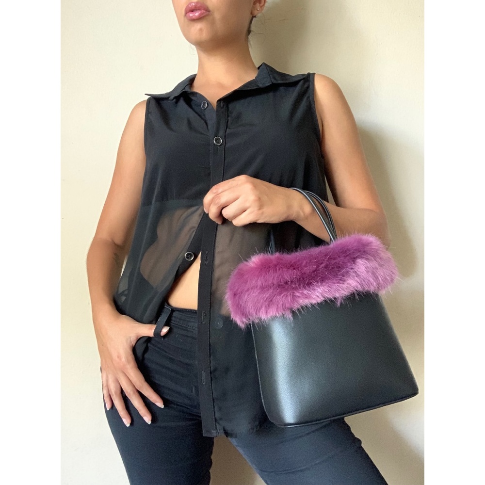 Vegan Leather Faux Fur Top Handle Handbag - Black Purple - Picture 2 of 7